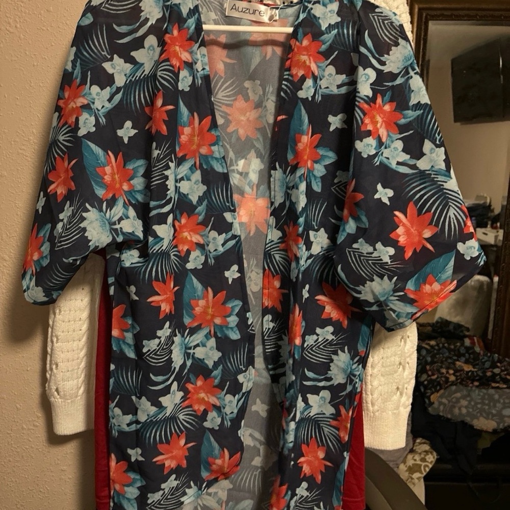 Auzure Navy Floral Kimono with Coral & Aqua Flowers NWT